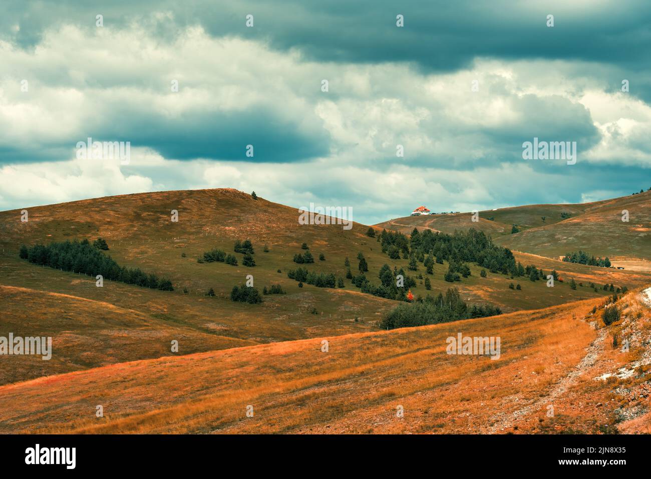 Bellissimo paesaggio, colline Zlatibor e valle con le nuvole sullo sfondo in giornata estiva Foto Stock