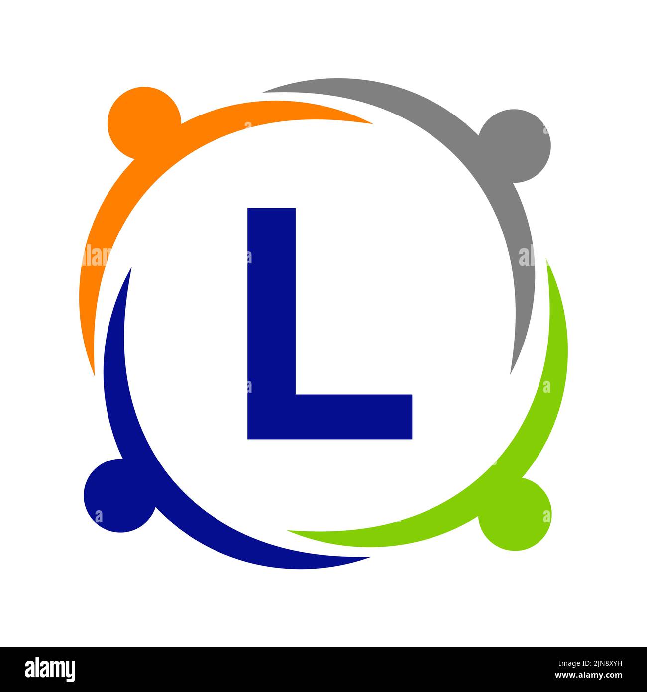 Unity Team Work Logo Design con modello lettera L. Modello di logo di beneficenza sulla lettera L, Initial Unity Foundation Human Logo Sign Illustrazione Vettoriale