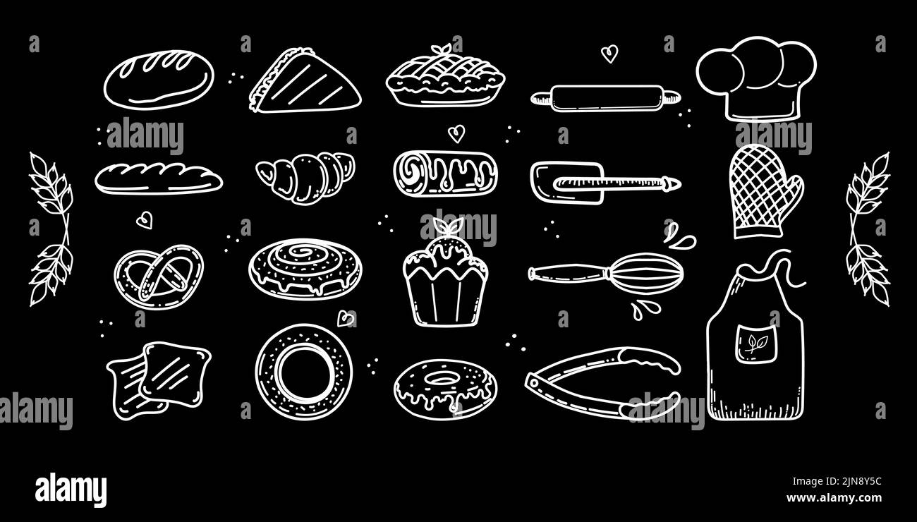 Un set di utensili da cucina e prodotti da forno. Elementi a forma di scarabocchio disegnati a mano nello stile dello schizzo. Cappello, grembiule e guanti dello chef. Attrezzi per impastare: Spilla, spatola Illustrazione Vettoriale