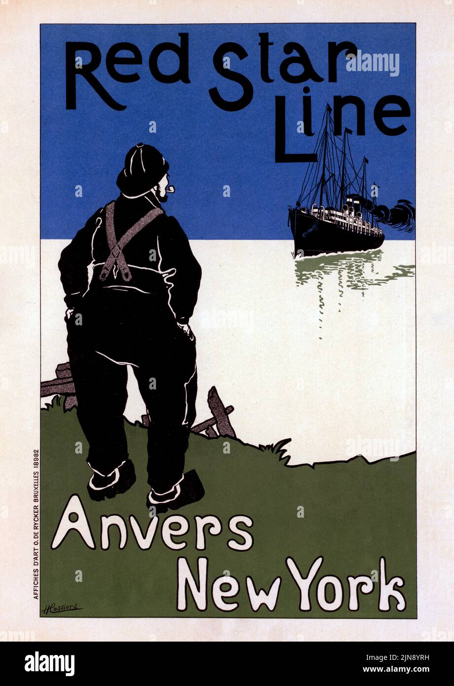 poster vintage pubblicità Red Star Line viaggio tra Anversa e New York, da Henry Cassiers 1900 Foto Stock