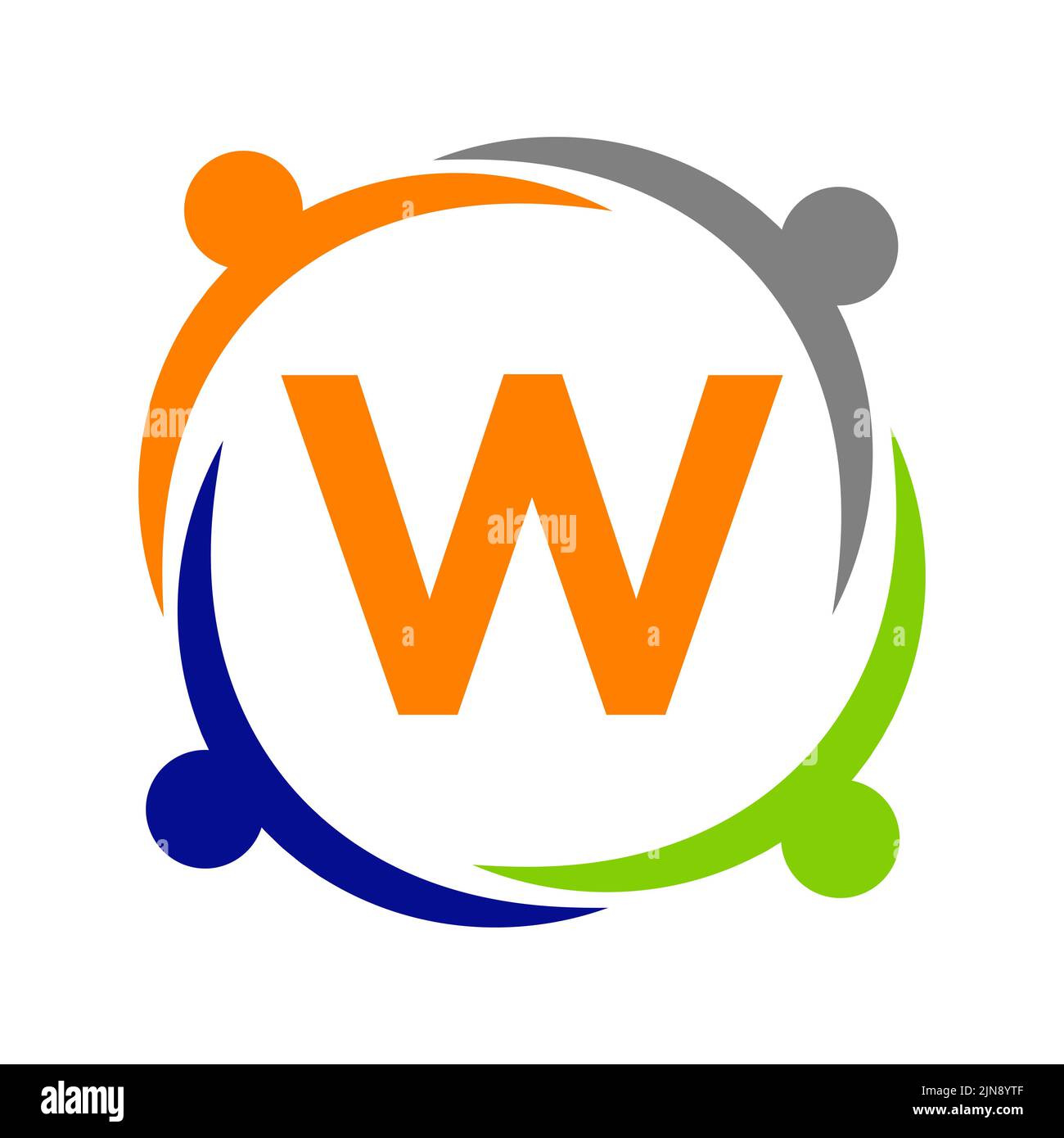 Unity Team Work Logo Design con modello lettera W. Modello di logo di beneficenza sulla lettera W, Initial Unity Foundation Human Logo Sign Illustrazione Vettoriale