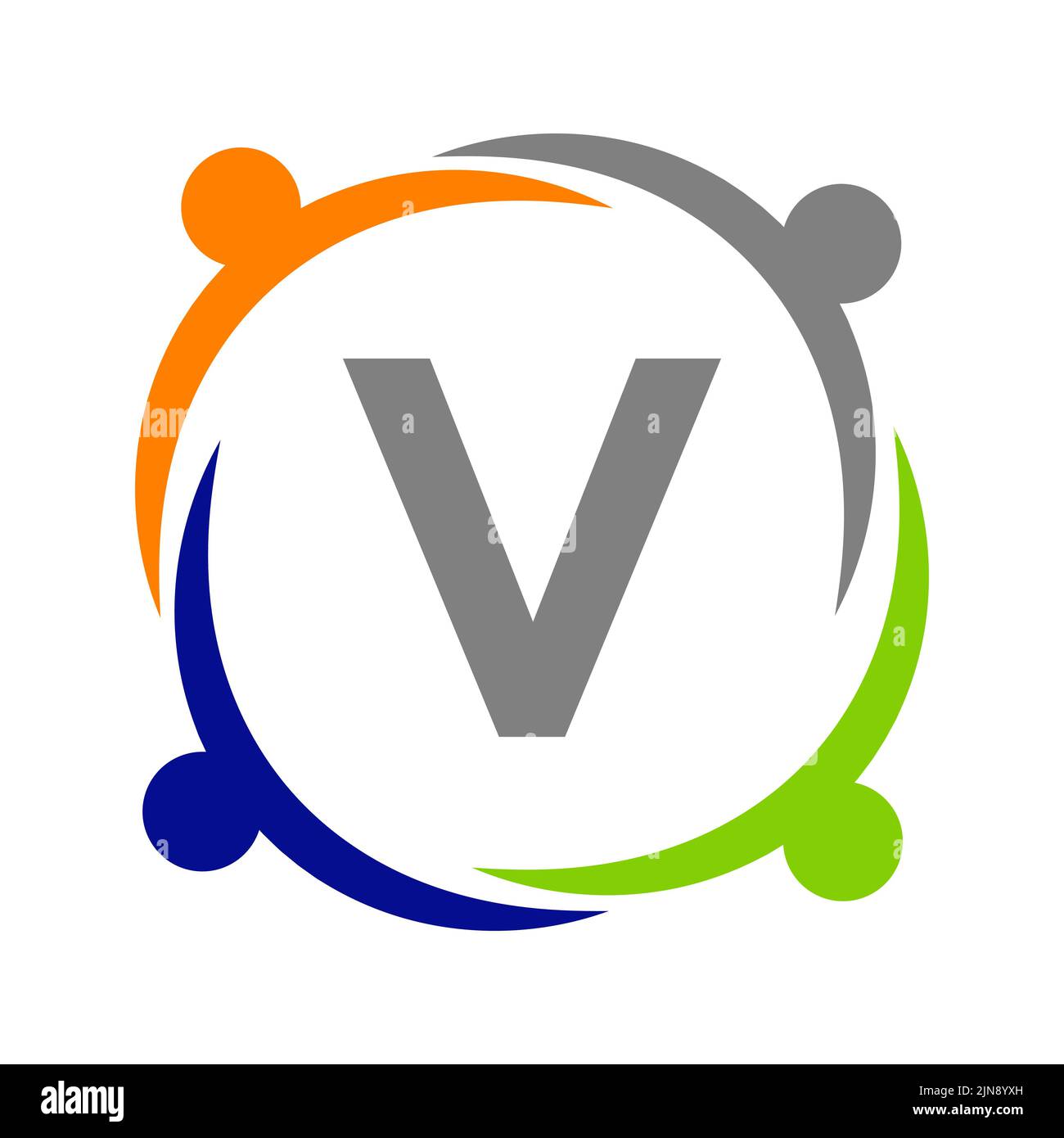 Unity Team Work Logo Design con modello lettera V. Modello di logo di beneficenza sulla lettera V, Initial Unity Foundation Human Logo Sign Illustrazione Vettoriale
