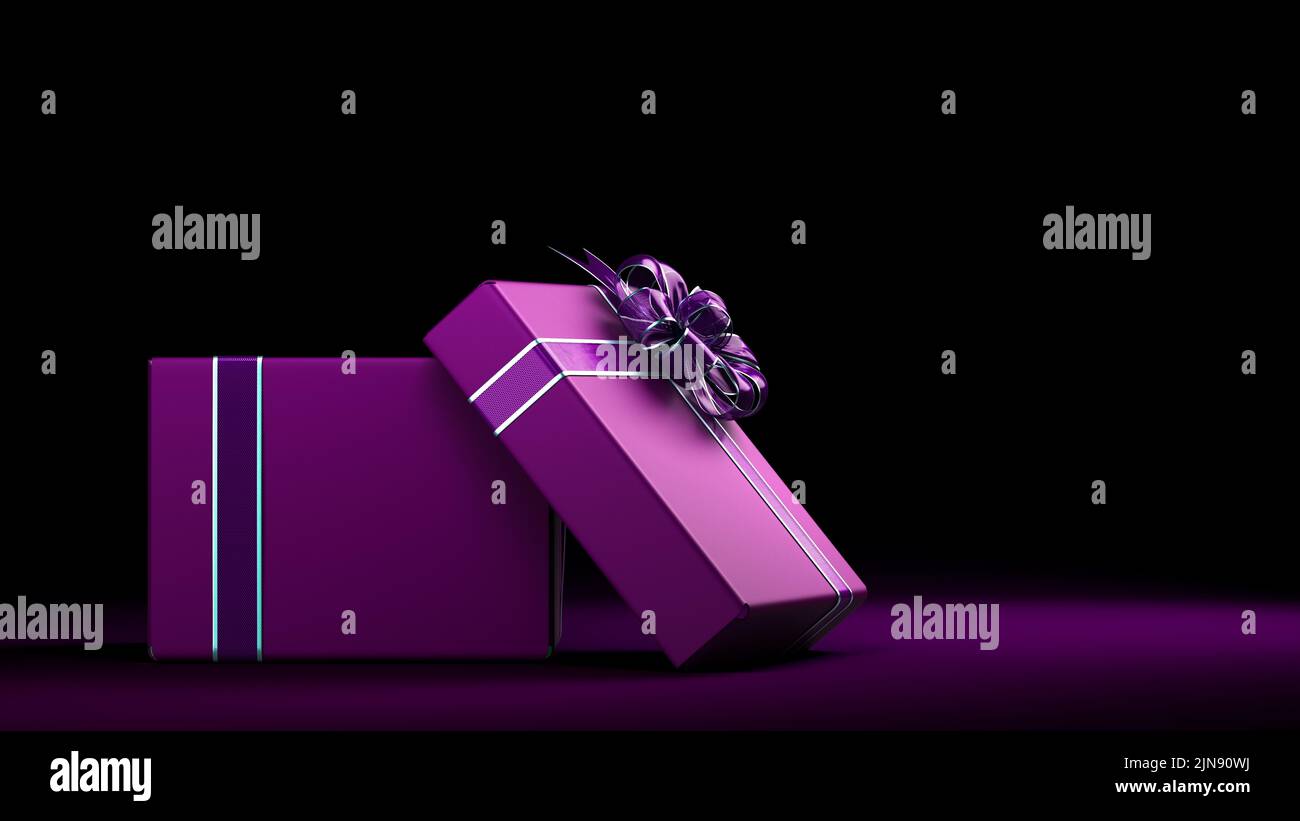 Open viola vuoto Gift Boxe con ribon 3D render su sfondo darck Foto Stock