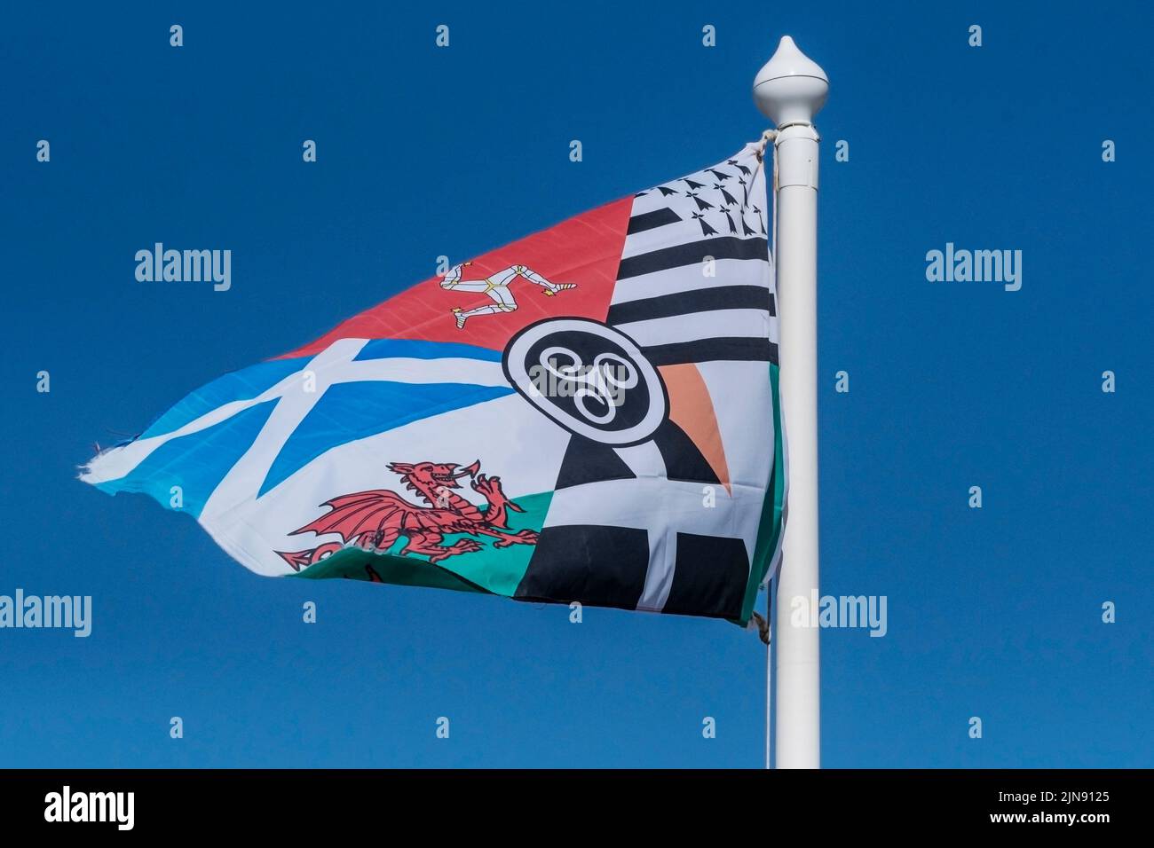 La bandiera celtica che vola da un flagpole contro un cielo blu senza nuvole a Newquay in Cornovaglia nel Regno Unito. Foto Stock