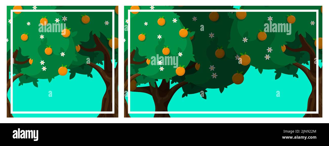 Cartellone festivo con cartoni animati di arance, agrumi e fiori. Raccolta di frutti esotici. Vettore piatto isolato su sfondo bianco Illustrazione Vettoriale