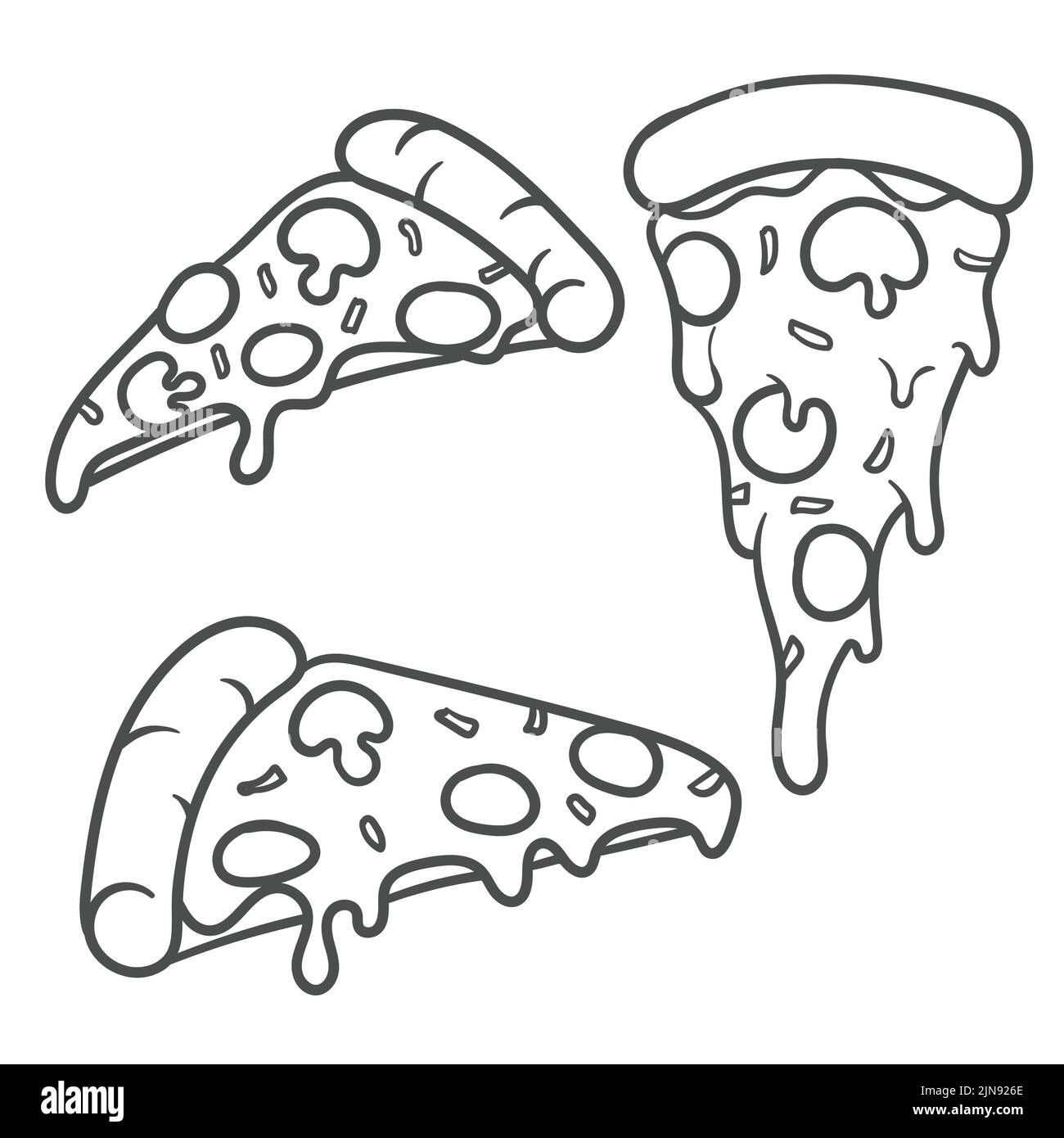 Illustrazione Vettoriale. Trancio di pizza con formaggio fuso e salsiccia per pizza. Disegnata a mano scarabocchio. Cartoon sketch. Decorazione per biglietti di auguri, poster, emblemi Illustrazione Vettoriale