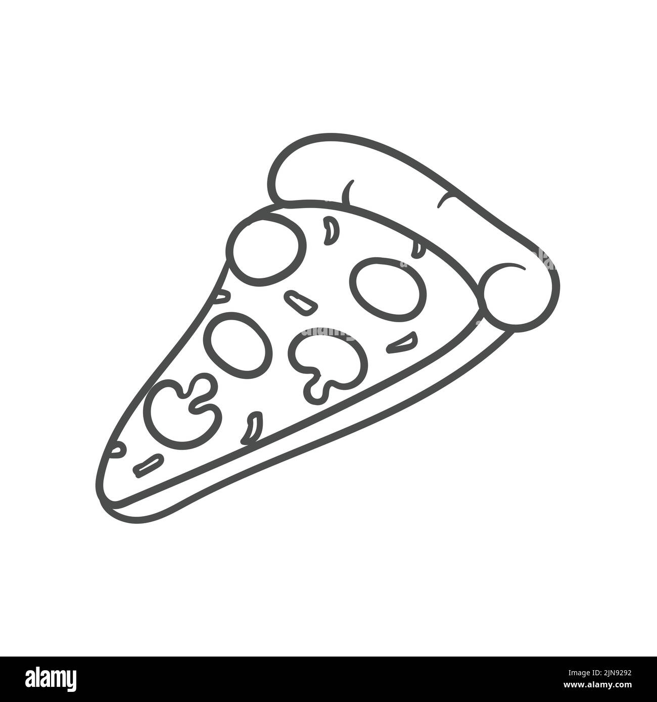 Illustrazione Vettoriale. Trancio di pizza con formaggio fuso e salsiccia per pizza. Disegnata a mano scarabocchio. Cartoon sketch. Decorazione per biglietti di auguri, poster, emblemi Illustrazione Vettoriale