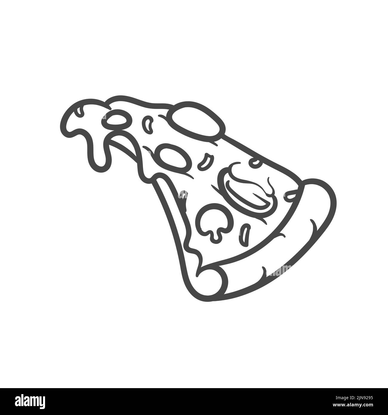 Illustrazione Vettoriale. Trancio di pizza con formaggio fuso e salsiccia per pizza. Disegnata a mano scarabocchio. Cartoon sketch. Decorazione per biglietti di auguri, poster, emblemi Illustrazione Vettoriale