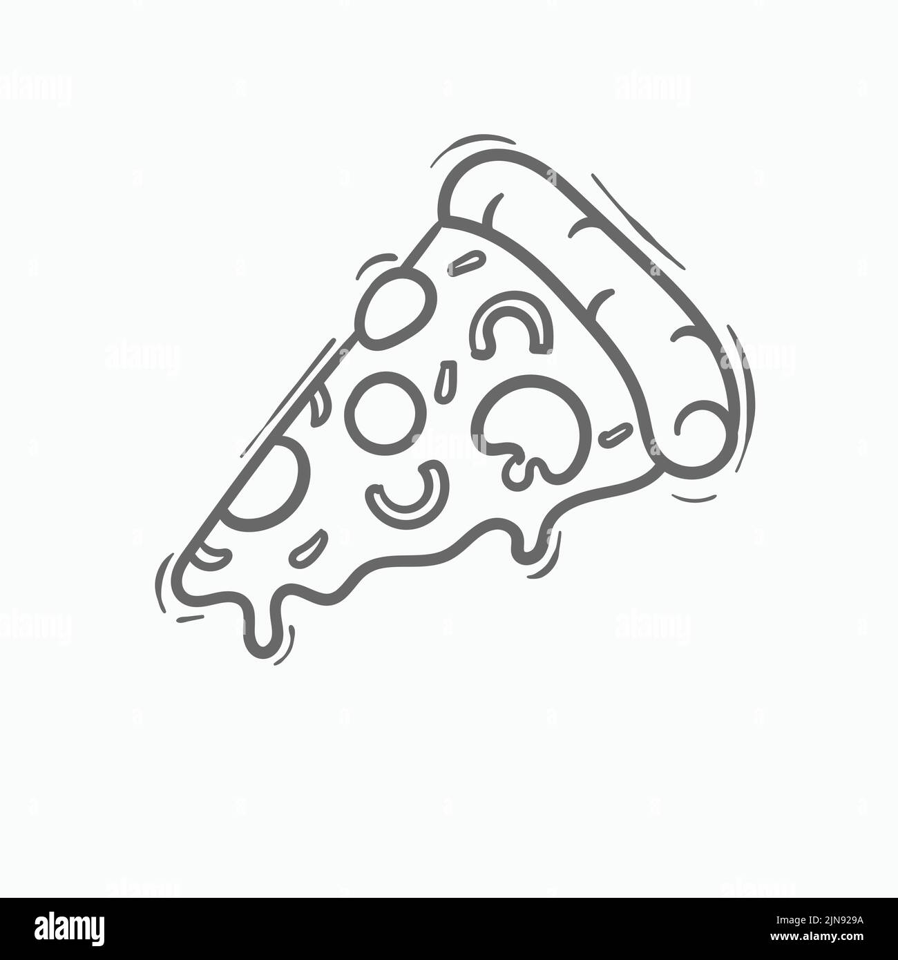 Illustrazione Vettoriale. Trancio di pizza con formaggio fuso e salsiccia per pizza. Disegnata a mano scarabocchio. Cartoon sketch. Decorazione per biglietti di auguri, poster, emblemi Illustrazione Vettoriale