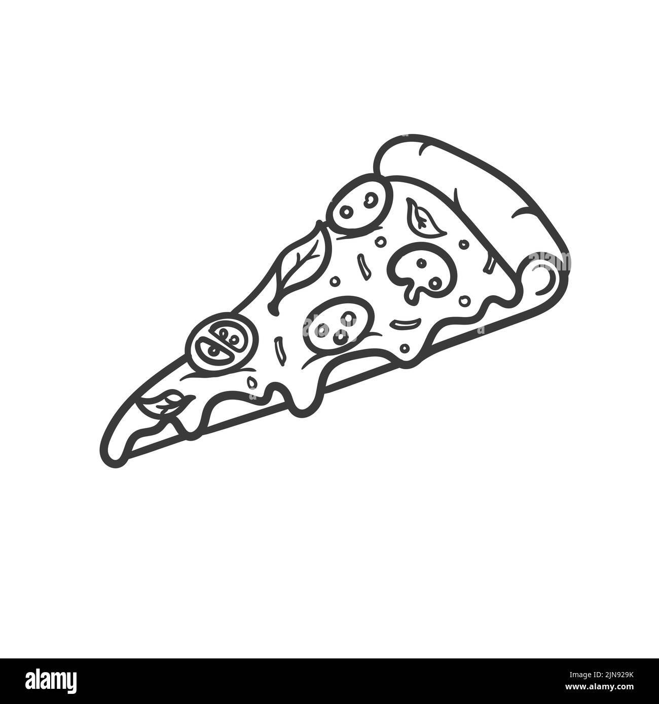 Illustrazione Vettoriale. Trancio di pizza con formaggio fuso e salsiccia per pizza. Disegnata a mano scarabocchio. Cartoon sketch. Decorazione per biglietti di auguri, poster, emblemi Illustrazione Vettoriale