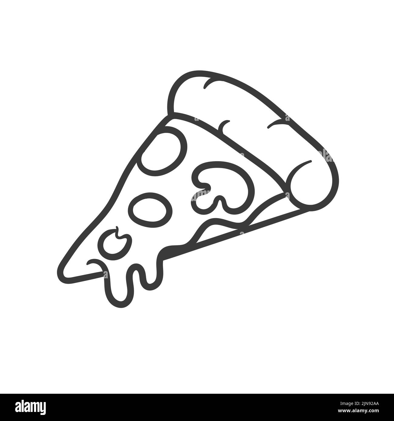 Illustrazione Vettoriale. Trancio di pizza con formaggio fuso e salsiccia per pizza. Disegnata a mano scarabocchio. Cartoon sketch. Decorazione per biglietti di auguri, poster, emblemi Illustrazione Vettoriale