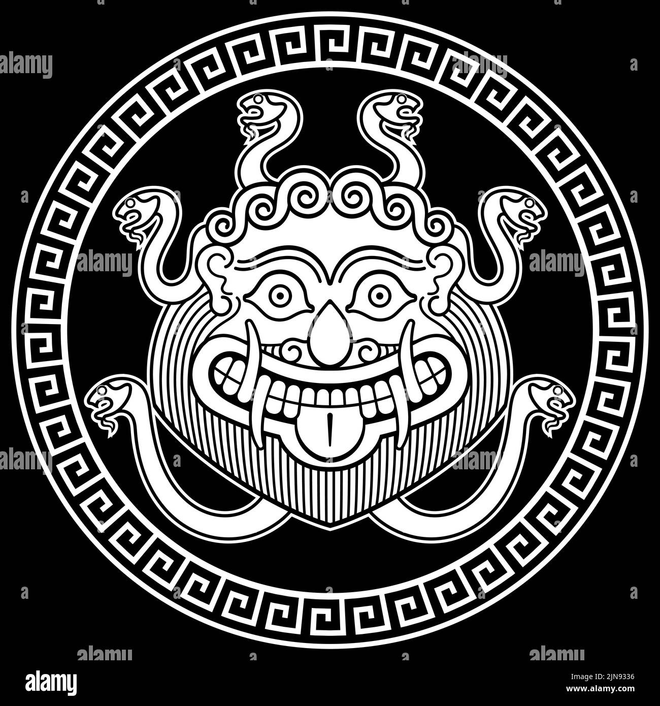 Vector Testa Grecia antica design. Testa di Medusa Gorgon con capelli a forma di ...