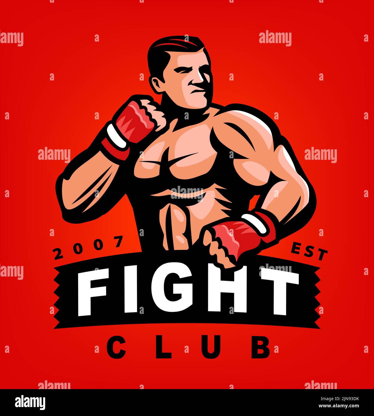 Emblema del club di lotta, logo. Combattente muscolare in boxe guanti sport mascotte, badge. Illustrazione del vettore di combattimento Illustrazione Vettoriale