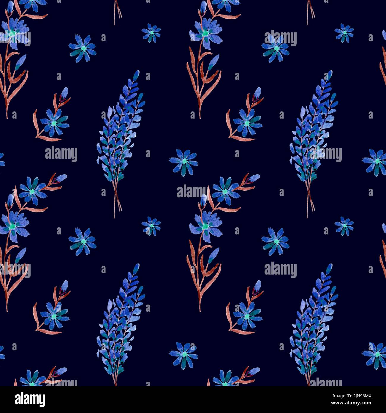 Motivo senza cuciture floreali lavanda color acqua. Fiori blu su sfondo scuro. Design per tessuti, carta da parati, carta da imballaggio. Disegno a mano Foto Stock