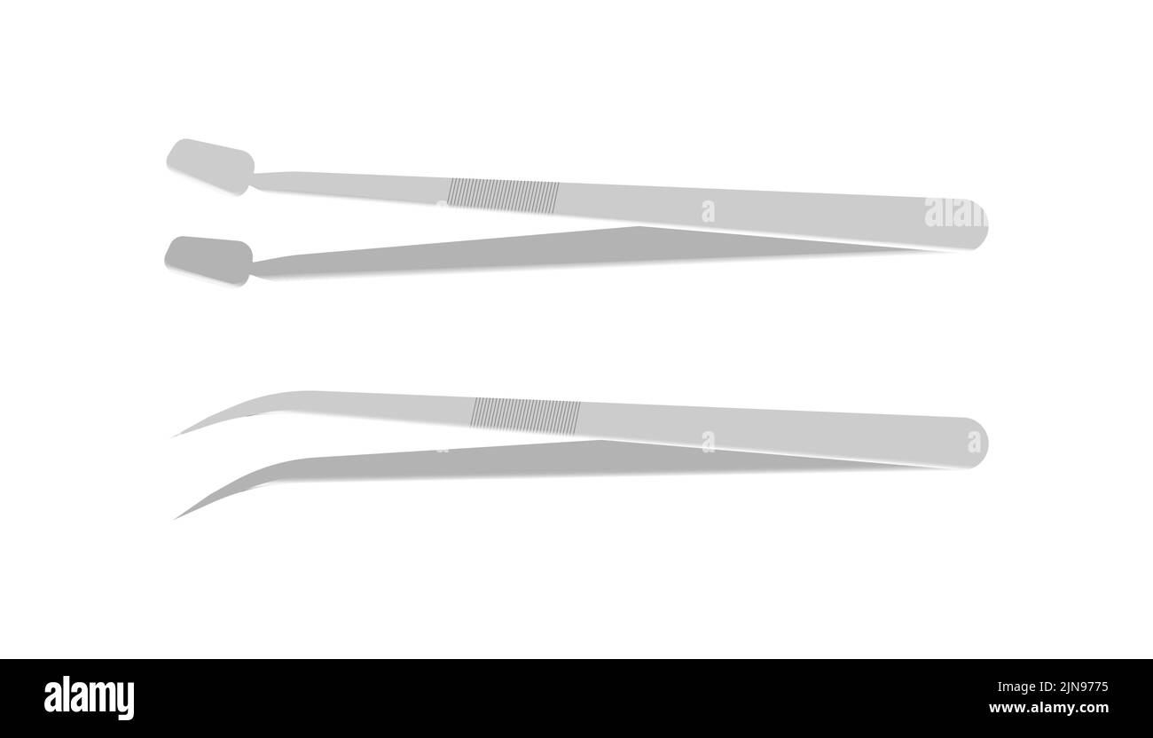 Set vettoriale con pinzette metalliche. Strumenti medici. Chirurgia, cosmetologia. Pinzette mediche su sfondo bianco. Illustrazione Vettoriale