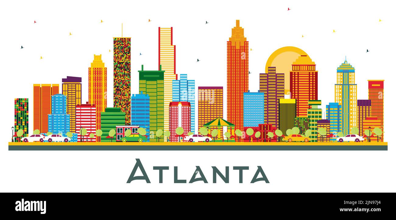 Atlanta Georgia USA City Skyline con edifici a colori e Blue Sky isolato su bianco. Illustrazione vettoriale. Concetto di viaggio d'affari e di turismo. Illustrazione Vettoriale