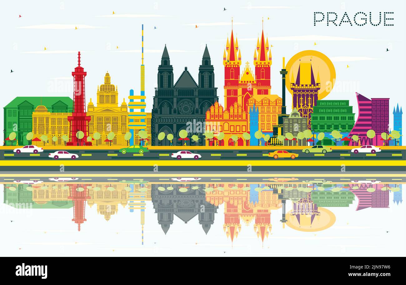Praga Repubblica Ceca dello skyline della città con edifici di colore, cielo blu e riflessi. Illustrazione Vettoriale. Viaggi di affari e turismo Concept. Illustrazione Vettoriale