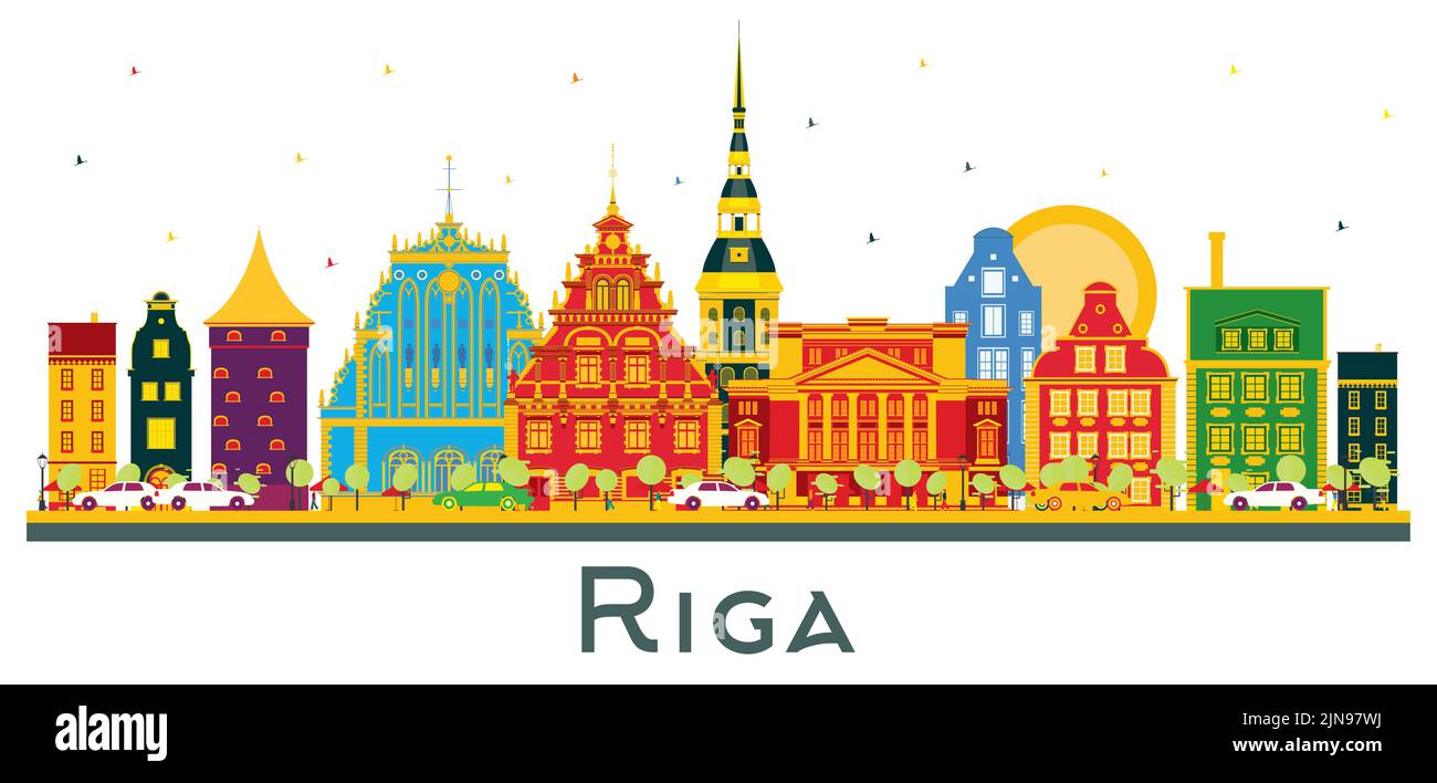 Riga Lettonia City Skyline con edifici a colori isolati su bianco. Illustrazione vettoriale. Concetto di viaggio d'affari e turismo con architettura storica. Illustrazione Vettoriale