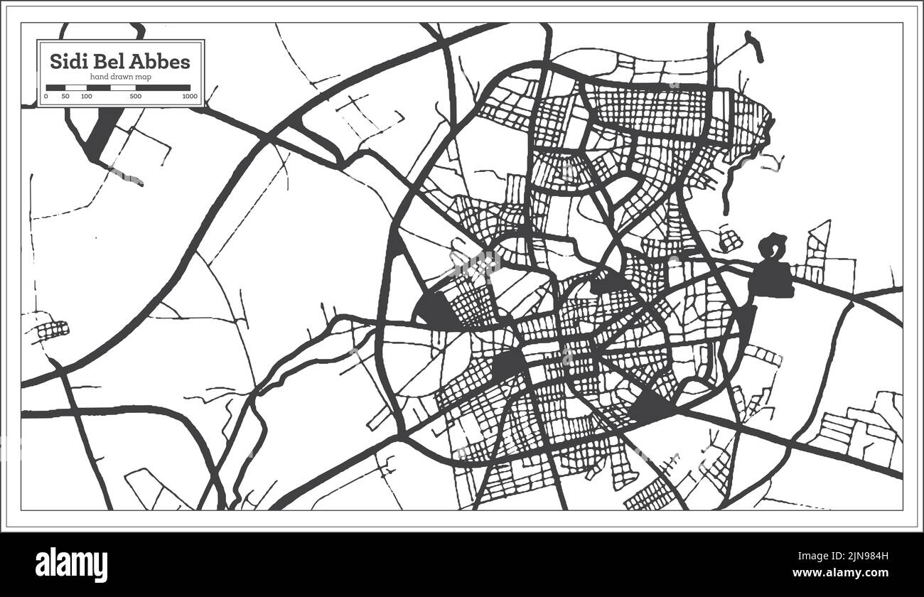 Sidi Bel Abbes Algeria Mappa della città in stile retrò in bianco e nero. Mappa di contorno. Illustrazione vettoriale. Illustrazione Vettoriale