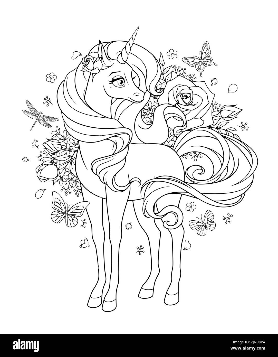 Bellissimo unicorno circondato da fiori e farfalle. Illustrazione vettoriale cartoon per la colorazione. Illustrazione Vettoriale
