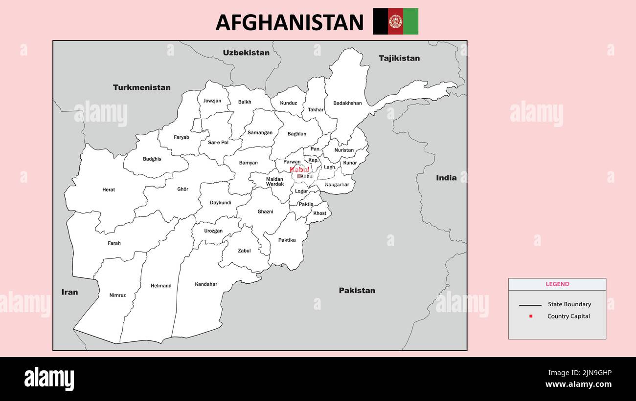 Mappa Afghanistan. Mappa dello stato e del distretto dell'Afghanistan. Mappa amministrativa dell'Afghanistan con distretto e capitale di colore bianco. Illustrazione Vettoriale