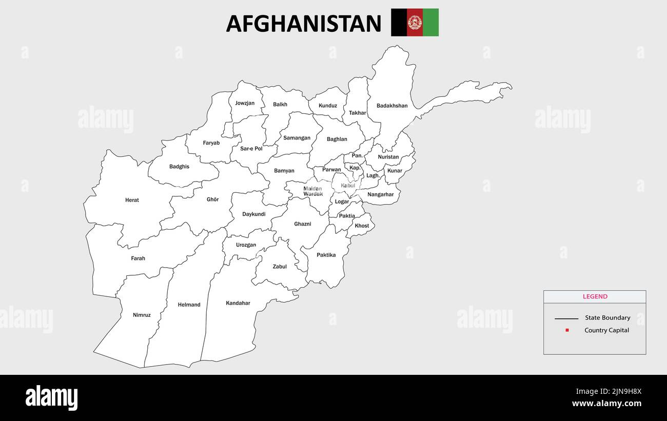 Mappa Afghanistan. Mappa dello stato e del distretto dell'Afghanistan. Mappa amministrativa dell'Afghanistan con distretto e capitale di colore bianco. Illustrazione Vettoriale