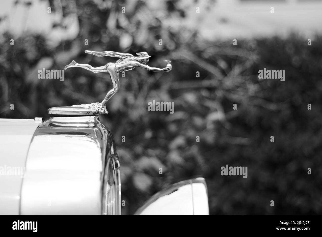 Primo piano del fregio Buick cromato vintage 1940s sulla parte superiore del cofano. Foto Stock