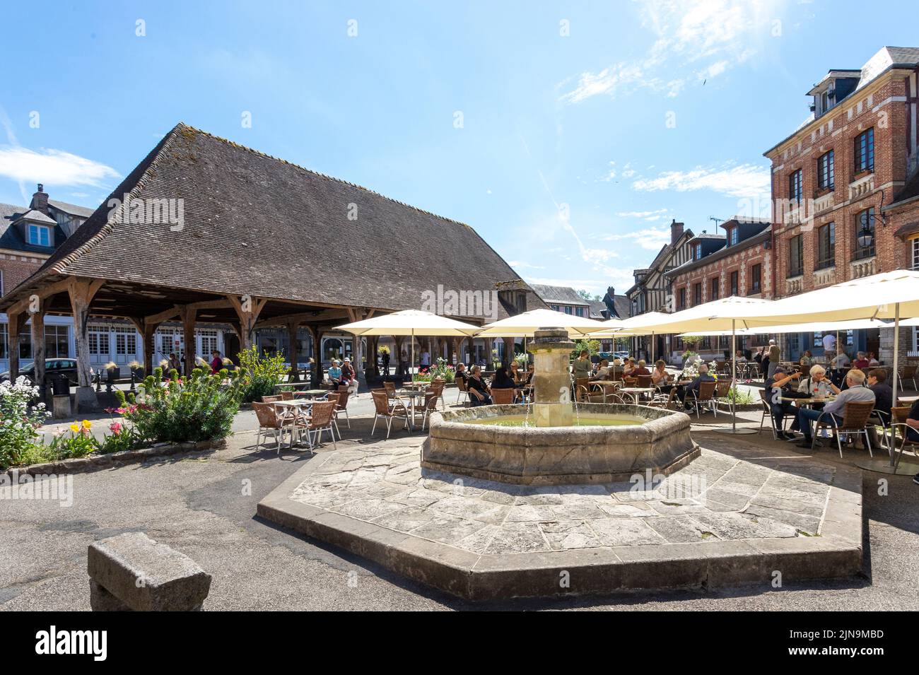 Francia, Eure, Lione la Foret, etichettato Les Plus Beaux Villages de France (i più bei villaggi di Francia), fontana e sale datate 17th centur Foto Stock