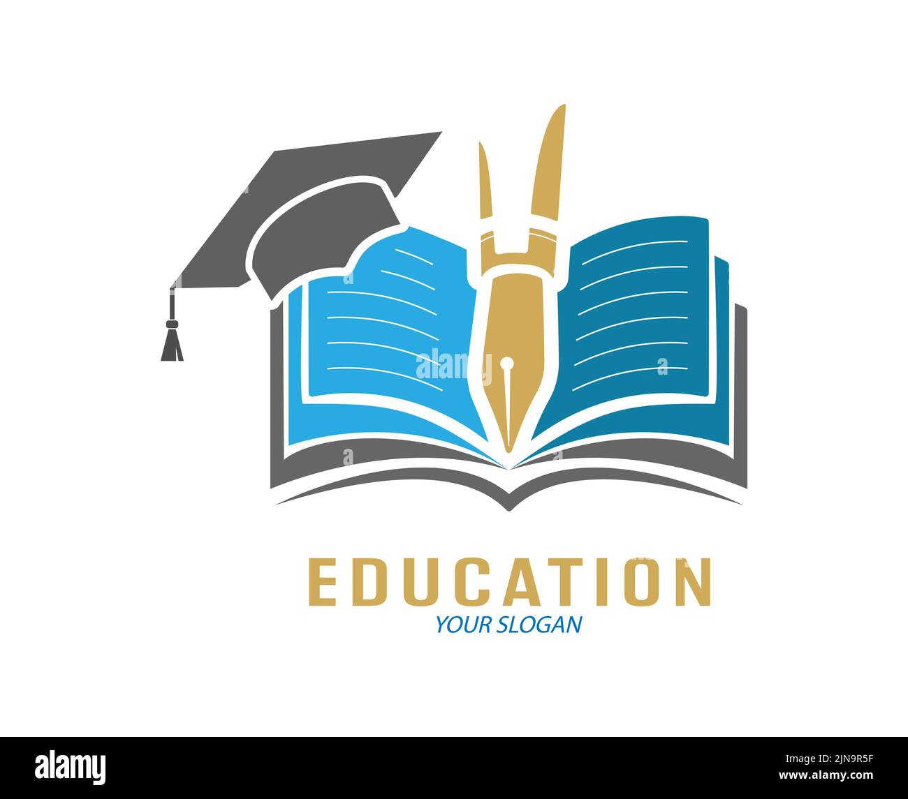 Istruzione. Modello con un libro aperto, una penna e un cappello per laureati. Stile piatto. Illustrazione Vettoriale