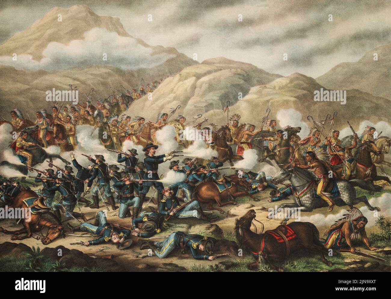 Ultimo stand del Custer alla battaglia del piccolo Bighorn, 25 giugno 1876. Generale George Armstrong Custer, 1839 - 1876. La battaglia fu la più importante nella Grande Guerra di Sioux del 1876. Dopo un lavoro di un artista non identificato pubblicato nel 1889 da Kurtz e Allison. Foto Stock