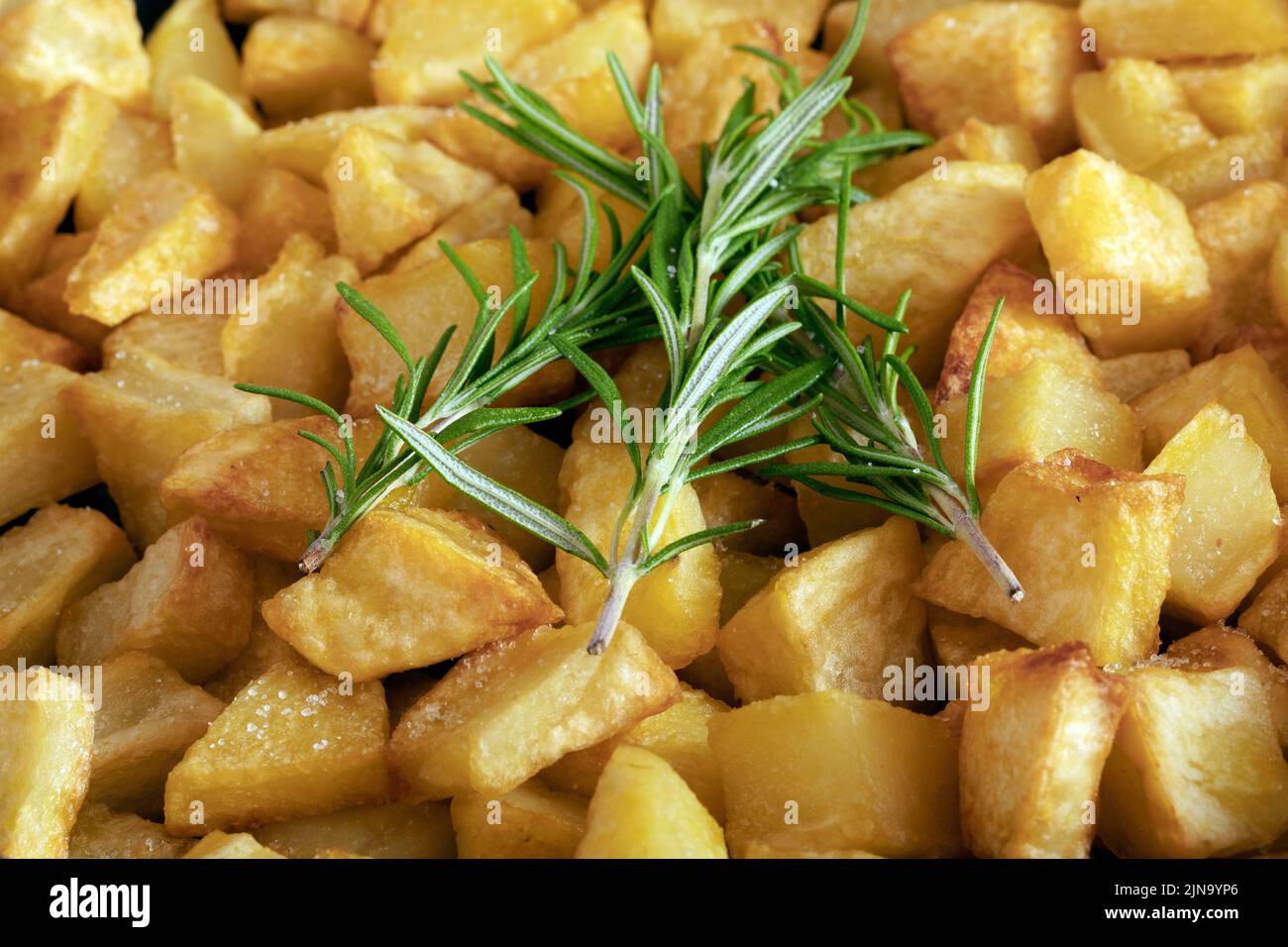 Macro primo piano di un rametto di rosmarino con patate fatte in casa sullo sfondo. Foto Stock