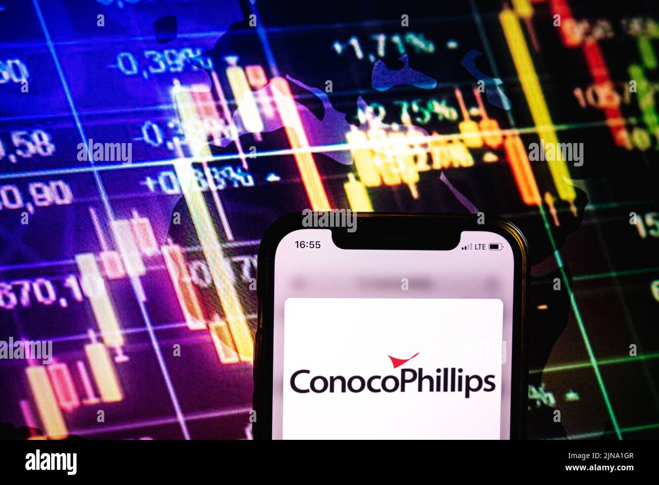 KONSKIE, POLONIA - 09 agosto 2022: Smartphone che mostra il logo della società ConocoPhillips sullo sfondo del diagramma di borsa Foto Stock