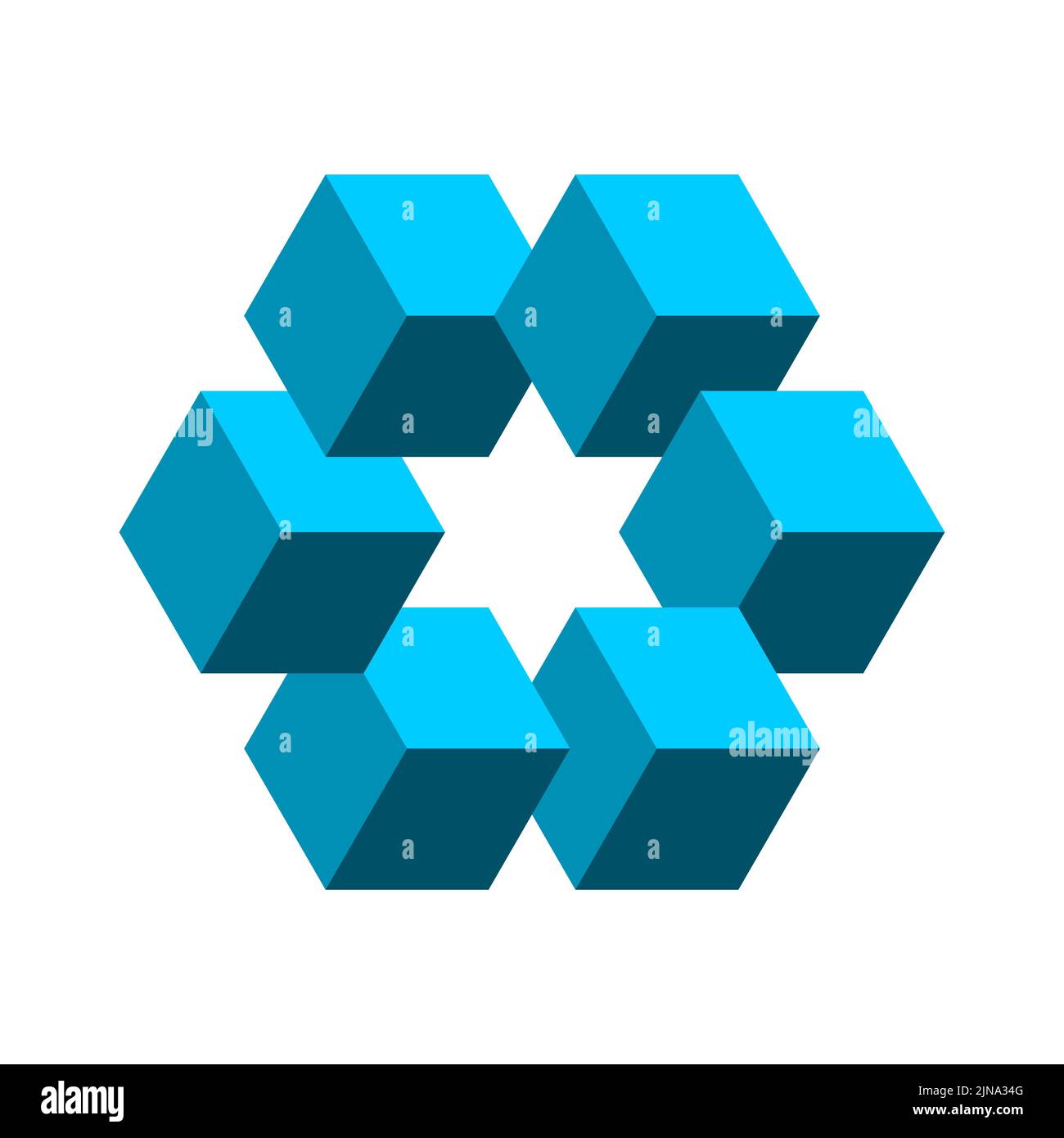 Forma impossibile fatta di cubetti con una stella al centro. Geometria sacra. I 3D cubi blu costituiscono un poligono complesso. Concetto di logo isometrico. Vettore Illustrazione Vettoriale