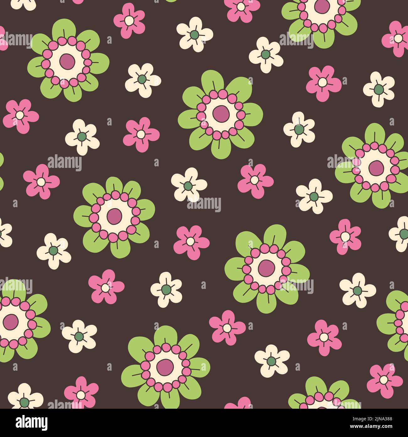 Colorful Medium Scale disegno a mano Floral Daisies Vector Seamless Pattern. Stile retrò 70s Illustrazione Vettoriale