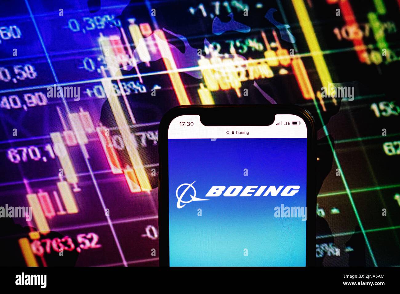 KONSKIE, POLONIA - 09 agosto 2022: Smartphone che mostra il logo della società Boeing sullo sfondo del diagramma di borsa Foto Stock