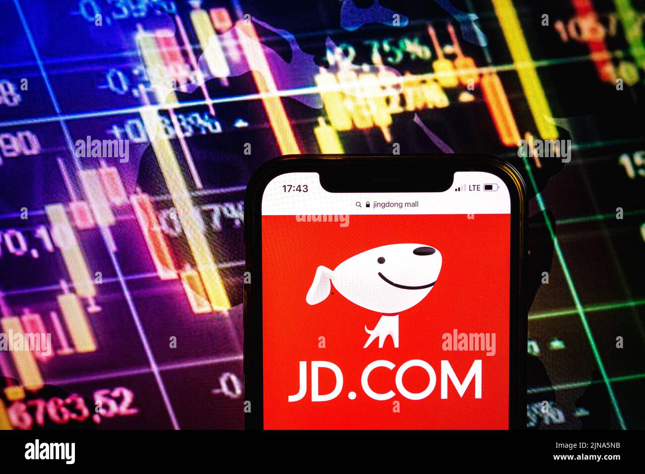 KONSKIE, POLONIA - 09 agosto 2022: Smartphone che mostra il logo della società Jingdong Mall sullo sfondo del diagramma di borsa Foto Stock