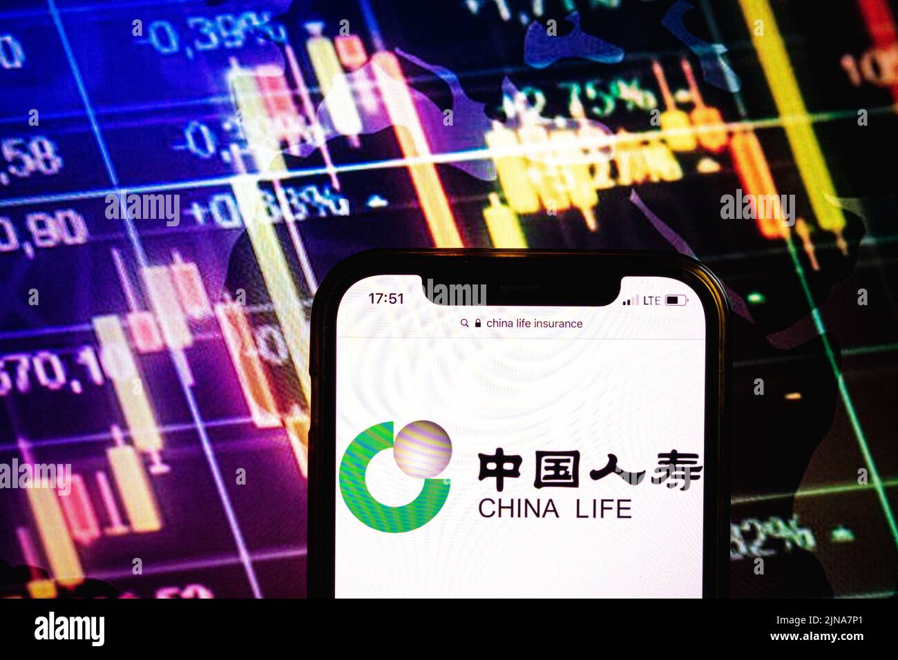 KONSKIE, POLONIA - 09 agosto 2022: Smartphone che mostra il logo della compagnia di assicurazione sulla vita in Cina sullo sfondo del diagramma di borsa Foto Stock