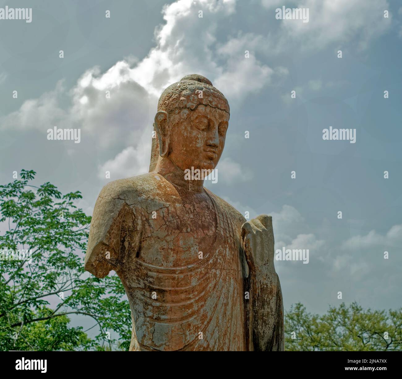 08 23 2015 basso angolo primo piano scatto della statua di Buddha faccia 3rd ° secolo d.C. rovine di Nagarjunakonda, Nagarjuna Sagar Andhra Pradesh, India, Asia, Indi Foto Stock