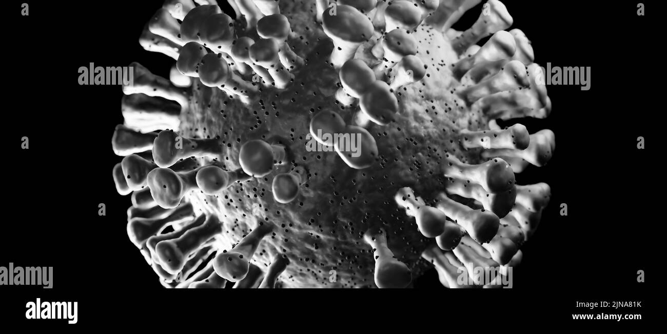 Illustrazione di una cellula virale isolata su sfondo nero Foto Stock