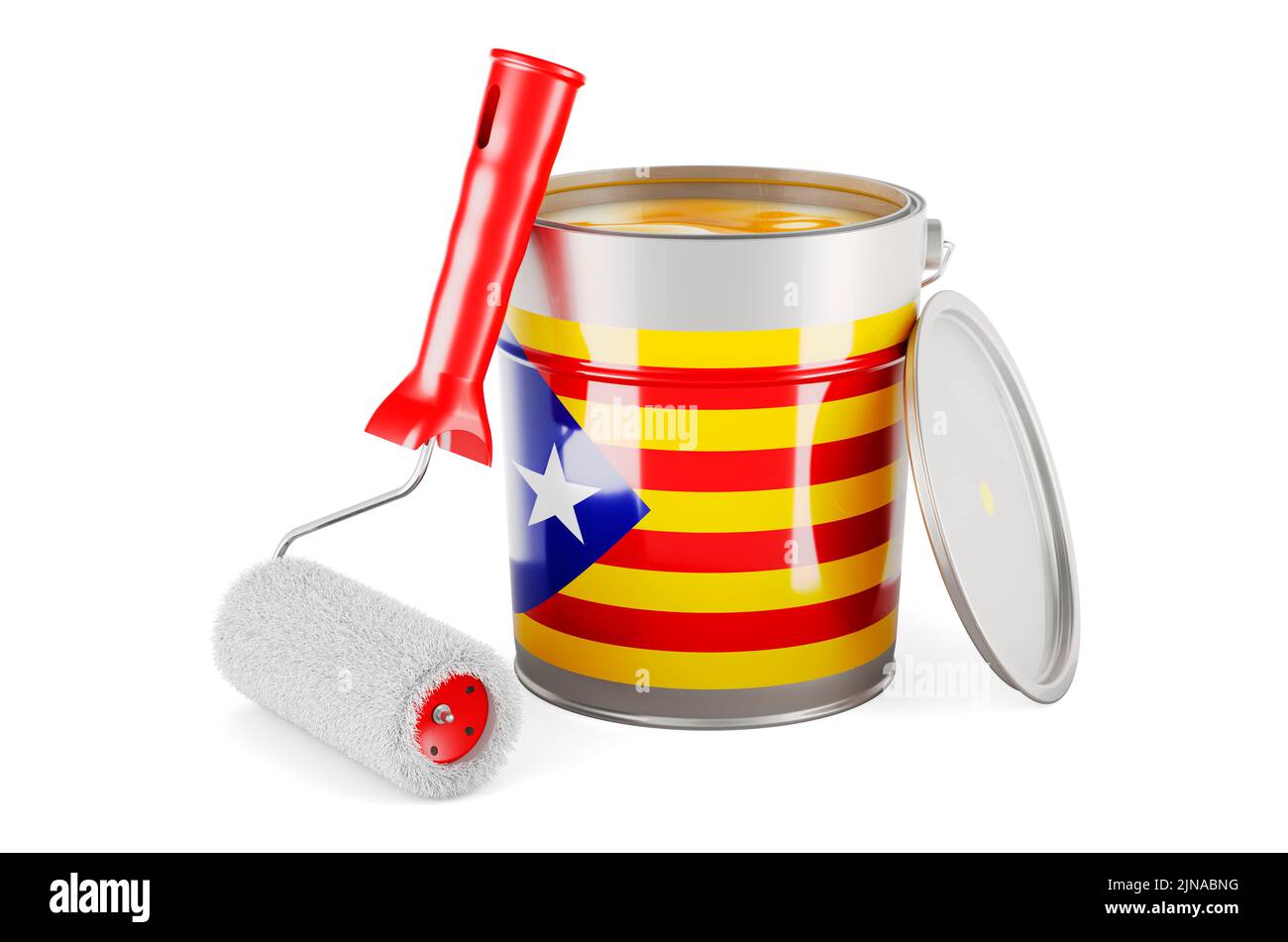 Bandiera catalana sulla lattina di vernice, 3D resa isolata su sfondo bianco Foto Stock