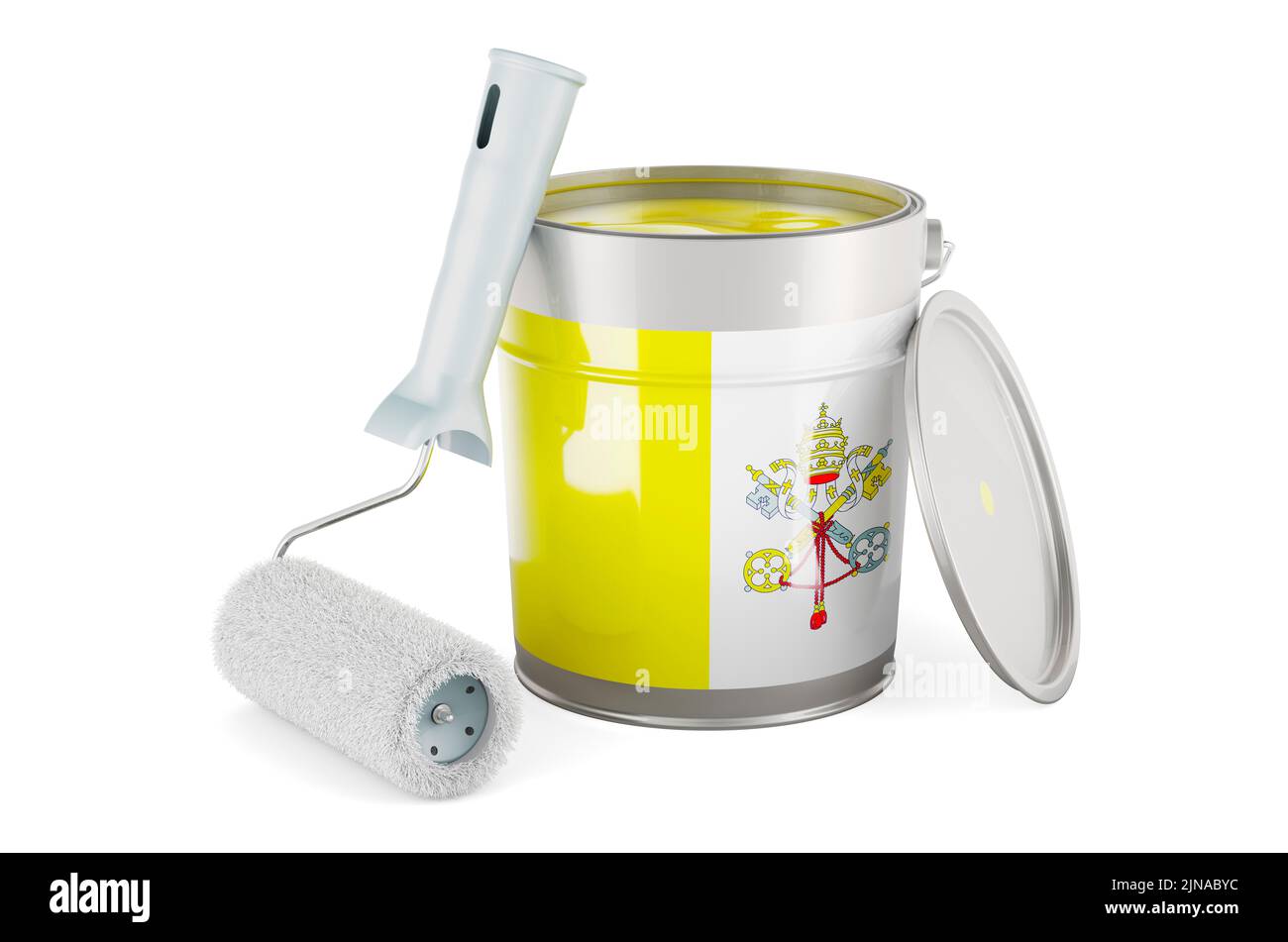 Bandiera del Vaticano sulla lattina di vernice, 3D che rende isolato su sfondo bianco Foto Stock