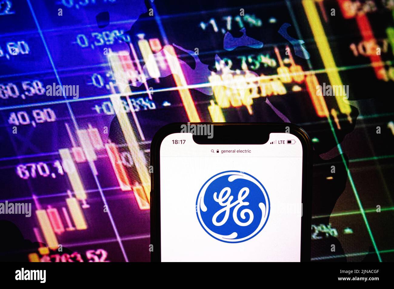 KONSKIE, POLONIA - 09 agosto 2022: Smartphone che mostra il logo della società General Electric sullo sfondo del diagramma di borsa Foto Stock