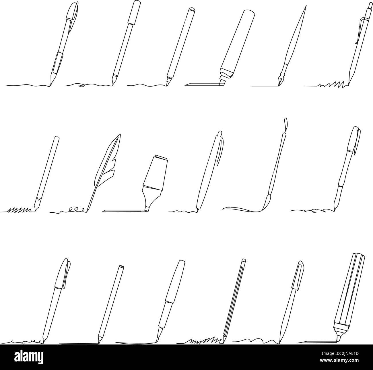 Accessori per la scrittura continua su una linea. Tracciare tratti di linea a matita, pennello e penna. Il writer fornisce il set vettoriale Illustrazione Vettoriale