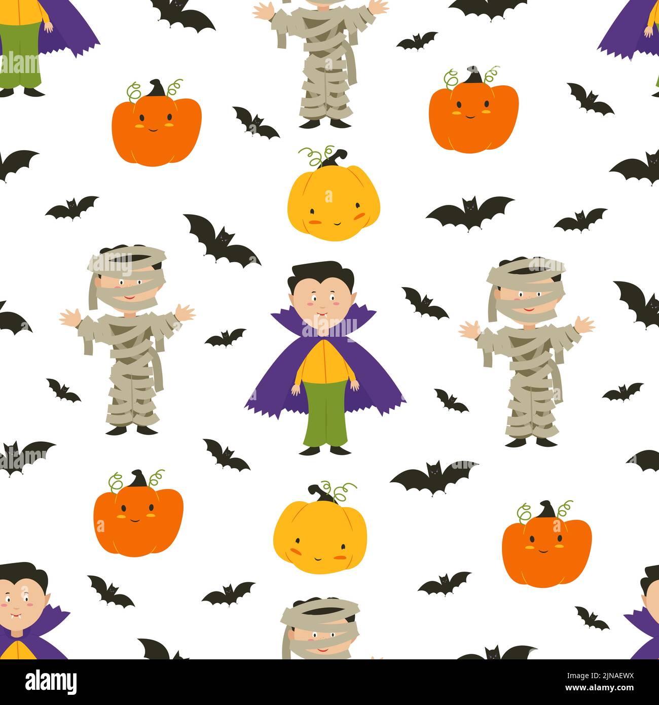Halloween fantasmi. Bambini in costumi di Halloween, zucche e pipistrelli. Illustrazione piatta. Pattern vettoriale senza giunture Illustrazione Vettoriale