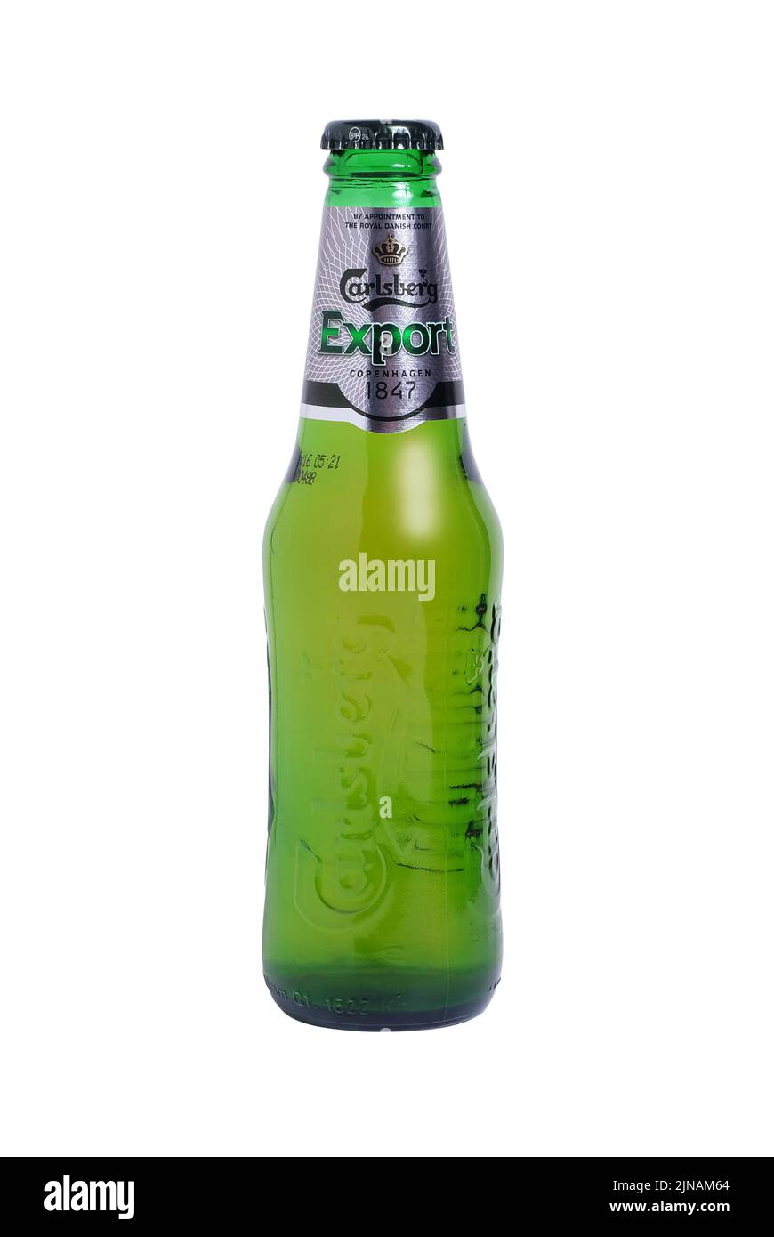 Bottiglia di Carlsberg Export lager. Una lager di alta resistenza prodotta secondo una ricetta danese originale. Foto da studio Foto Stock