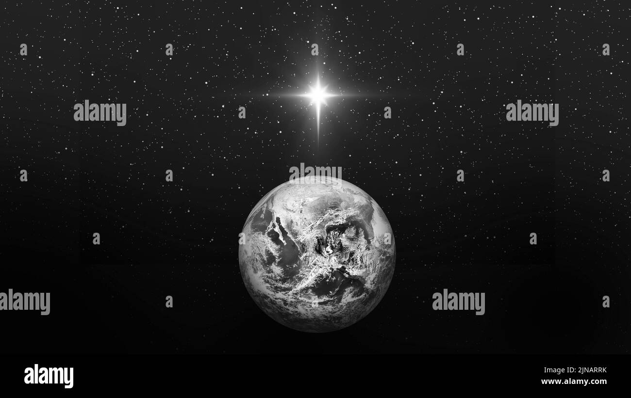 Stella brillante sul pianeta terra. Stella natalizia della Natività di Betlemme, Natività di Gesù Cristo. Bianco e nero. Elementi di questa immagine fornisce Foto Stock