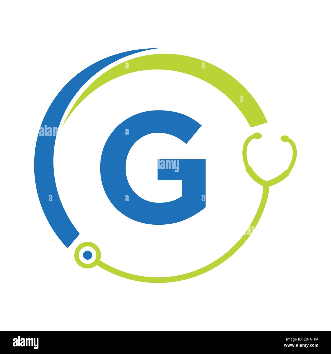Simbolo sanitario medico e logo medico su modello lettera G. Logo dei medici con il segno dello stetoscopio Illustrazione Vettoriale