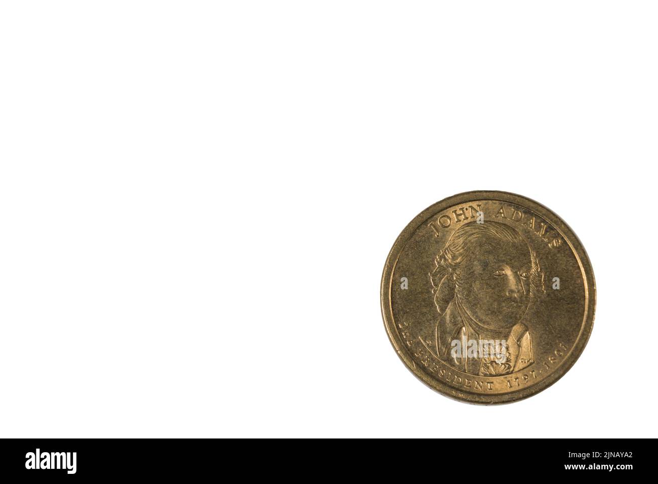 Primo piano del lato opposto di una moneta da un dollaro, mostrando il secondo presidente degli Stati Uniti, John Adams, sul lato opposto della moneta. Foto Stock