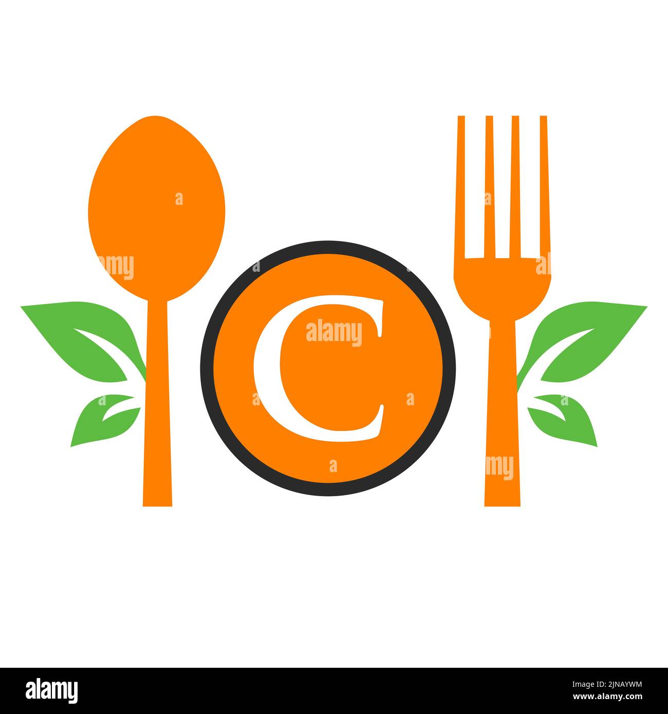 Logo del ristorante sul modello lettera C. Cucchiaio e forchetta, simbolo di foglia per la cucina insegna, caffè icona, ristorante, cucina Business Vector Illustrazione Vettoriale