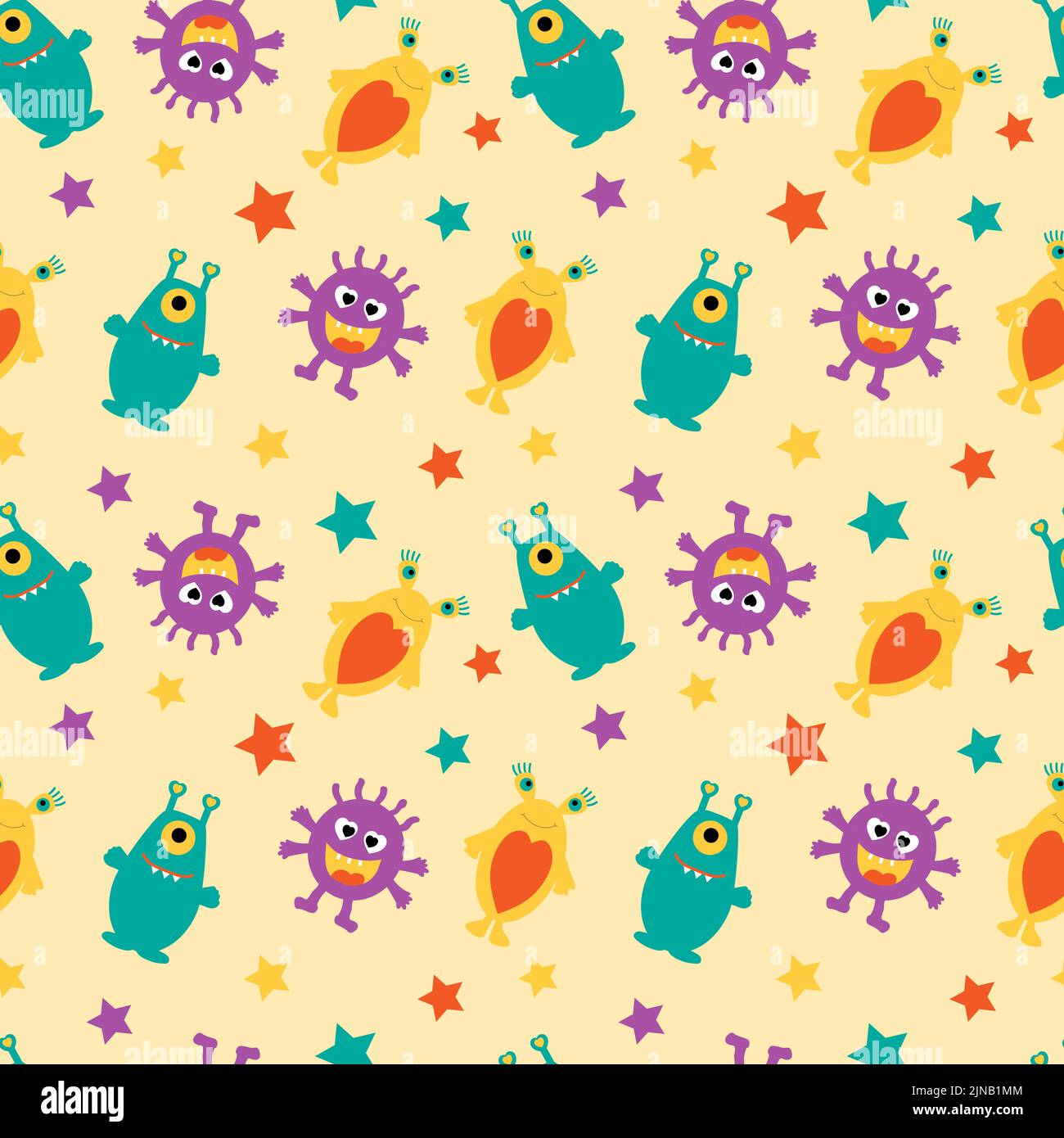 Divertenti alieni e stelle multicolore su sfondo giallo. Illustrazione Vettoriale